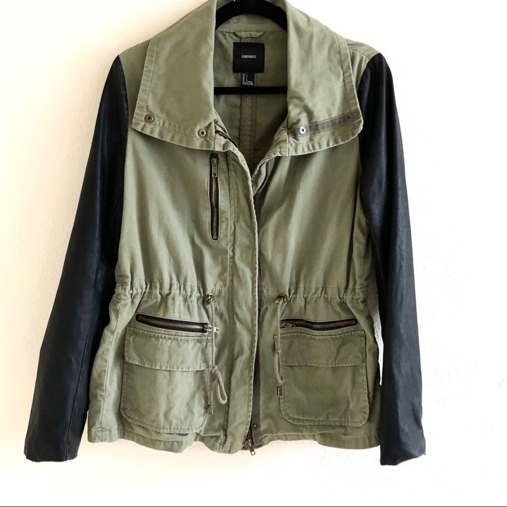 Forever 21 Olive Jacket with Faux Leather Sleeves